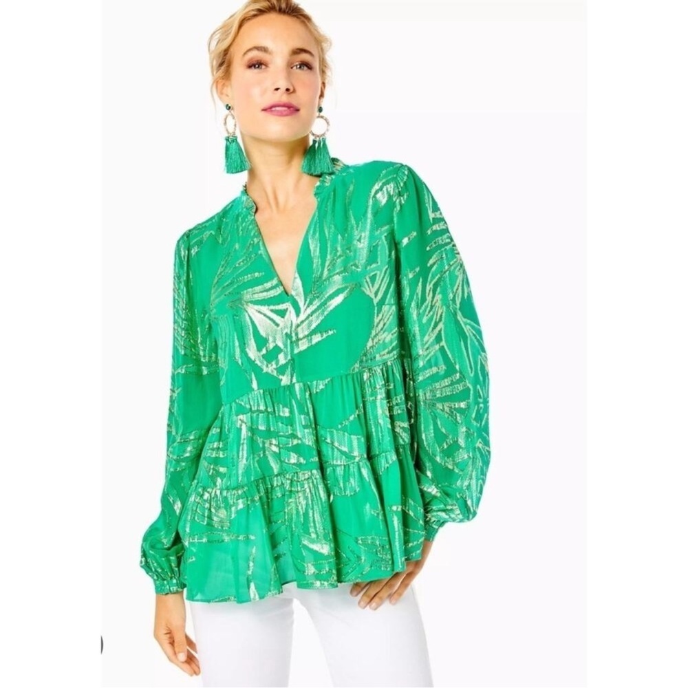 ✅ Lilly Pulitzer Sarita Silk Top Botanical Green Palm Leaf Clip size 4